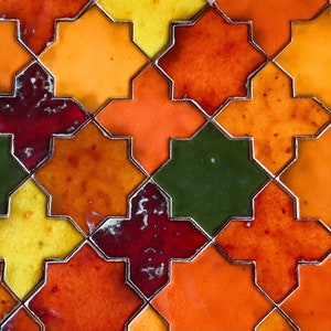Tile set &quot;Sunny day&quot;, handmade ceramic tiles, red, orange color, handcrafted hand painted tiles for bathroom, kitchen, home design style
