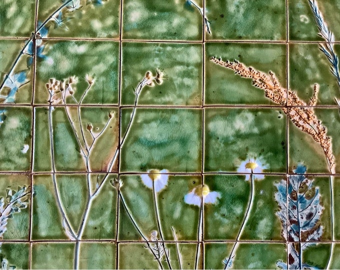 Tile Set summer, Handmade Ceramic Tiles, Plant Motif, Handpainted