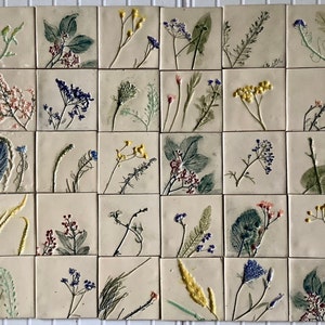 Flower meadow” tile set, handmade ceramic tiles, natural clay color, hand-painted tiles for bathroom, kitchen