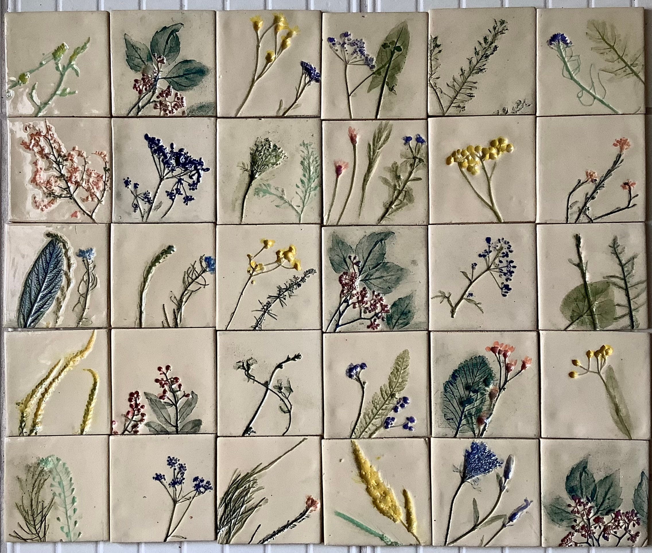 Flower meadow” tile set, handmade ceramic tiles, natural clay color, hand-painted tiles for bathroom, kitchen