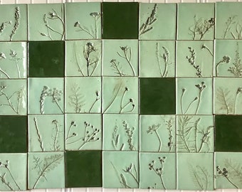 Tile set "Herbarium III", handmade ceramic tiles, plant tiles, handmade tiles, handmade ceramic tiles, backsplash, green tiles