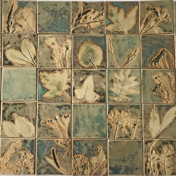 The tiles set "Green Garden”,handmade ceramic tiles,plant motif,hand-painted tiles,handmade square tiles,handmade ceramic tiles,backsplash