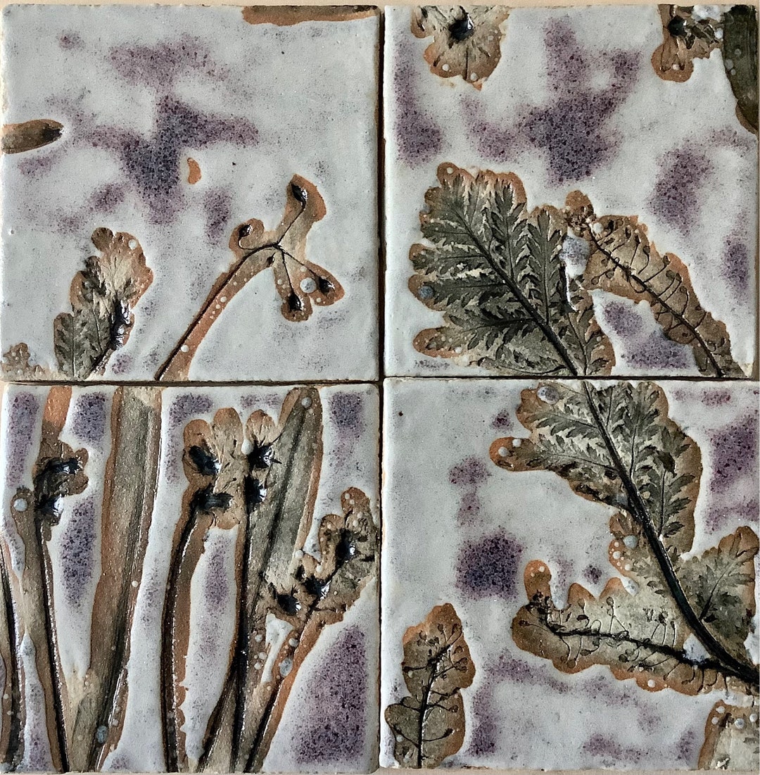 Tile Set at Down,handmade Ceramic Tiles, Plant Motif, Handpainted