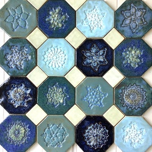 Octagon ceramic tiles,handmade ceramic tiles,wall tiles,handicraft tiles for the kitchen,handmade tiles,bathroom tilestiles with plants,