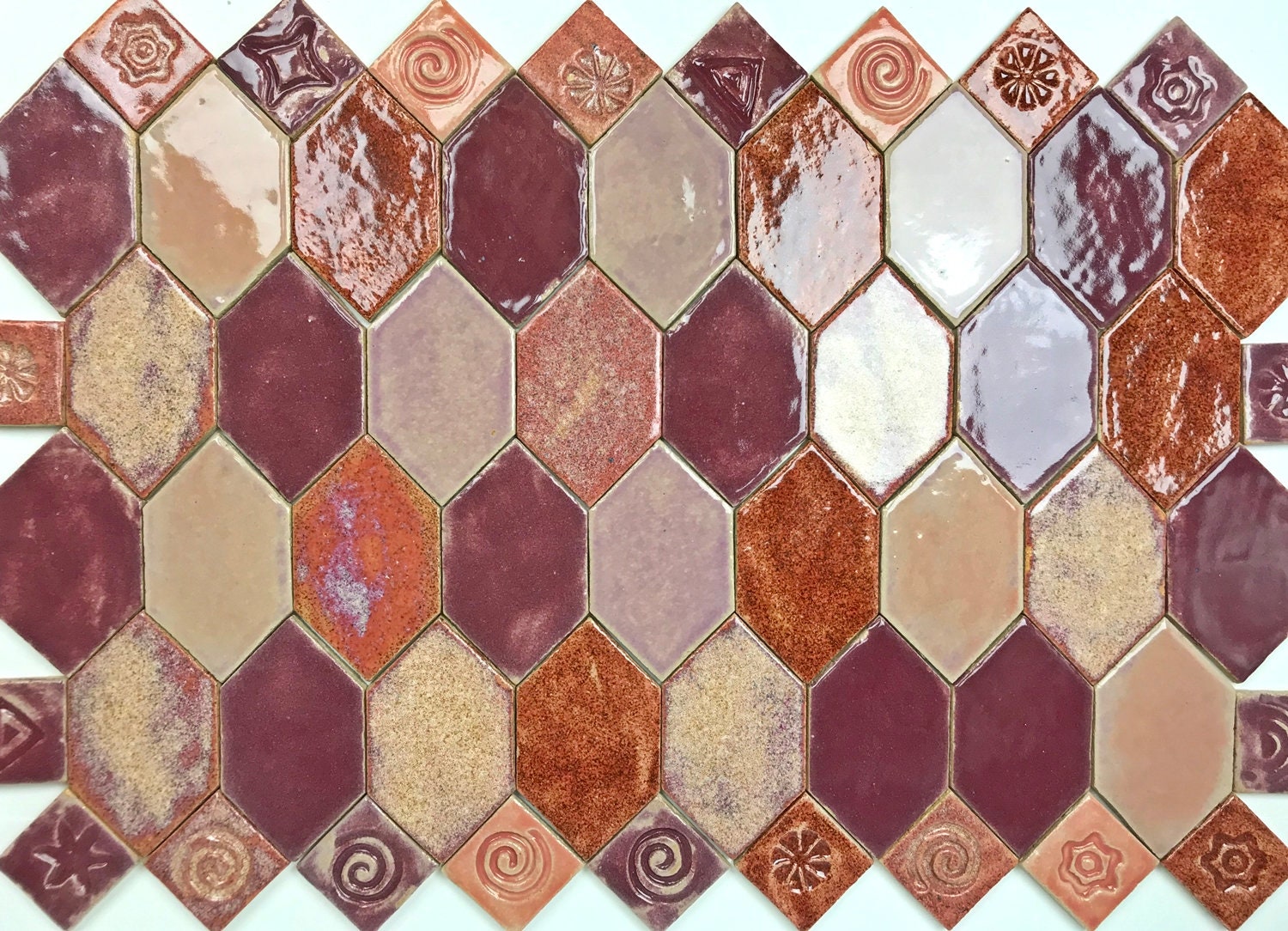 Tiles "In Pink", Handmade Ceramic Tiles, Green Multicolor Handicraft Tiles Inspired By Polish Tradition, Kitchen Design