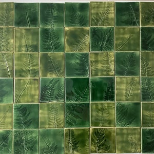Tiles set &quot;Fern’s Garden&quot;,handmade ceramic tiles,green color,tiles,floral tiles, ceramic tiles,Backsplash