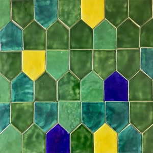 Puede incluir: Una pared cubierta de azulejos hexagonales verdes, amarillos y morados. Los azulejos están dispuestos en un patrón repetitivo.