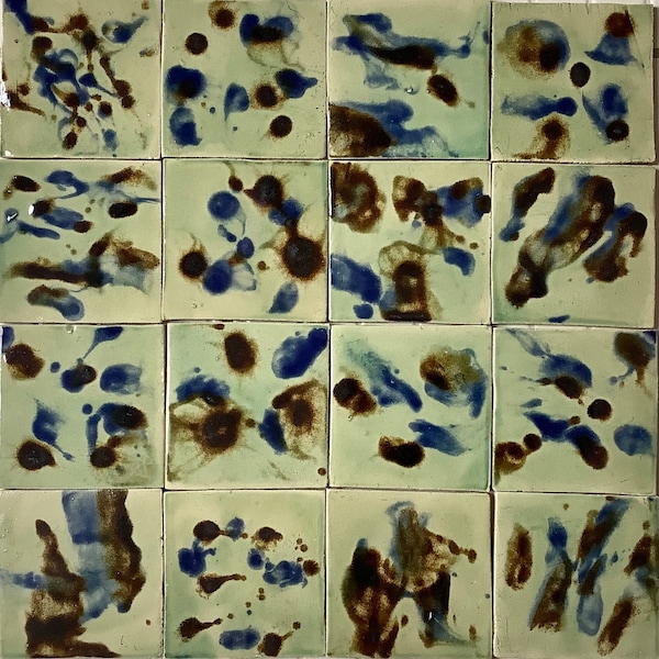 Tiles set "Impression",handmade ceramic tiles,pale blue and deep blue color,handicraft handpainted tiles for bathroom,kitchen