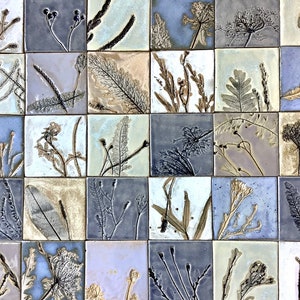 Set of tiles and decors “Secret garden I”,handmade pale blue and navy blue wall tiles,wall tiles