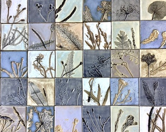 Set of tiles and decors “Secret garden I”,handmade pale blue and navy blue wall tiles,wall tiles