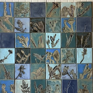 Tiles set &quot;Secret garden 36 blue&quot;,handmade ceramic tiles,natural clay color,handicraft handpainted tiles,kitchen,backsplash