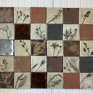 Tile set “From the country cottage III bis”, handmade ceramic tiles, natural clay color, hand-painted tiles, backsplash