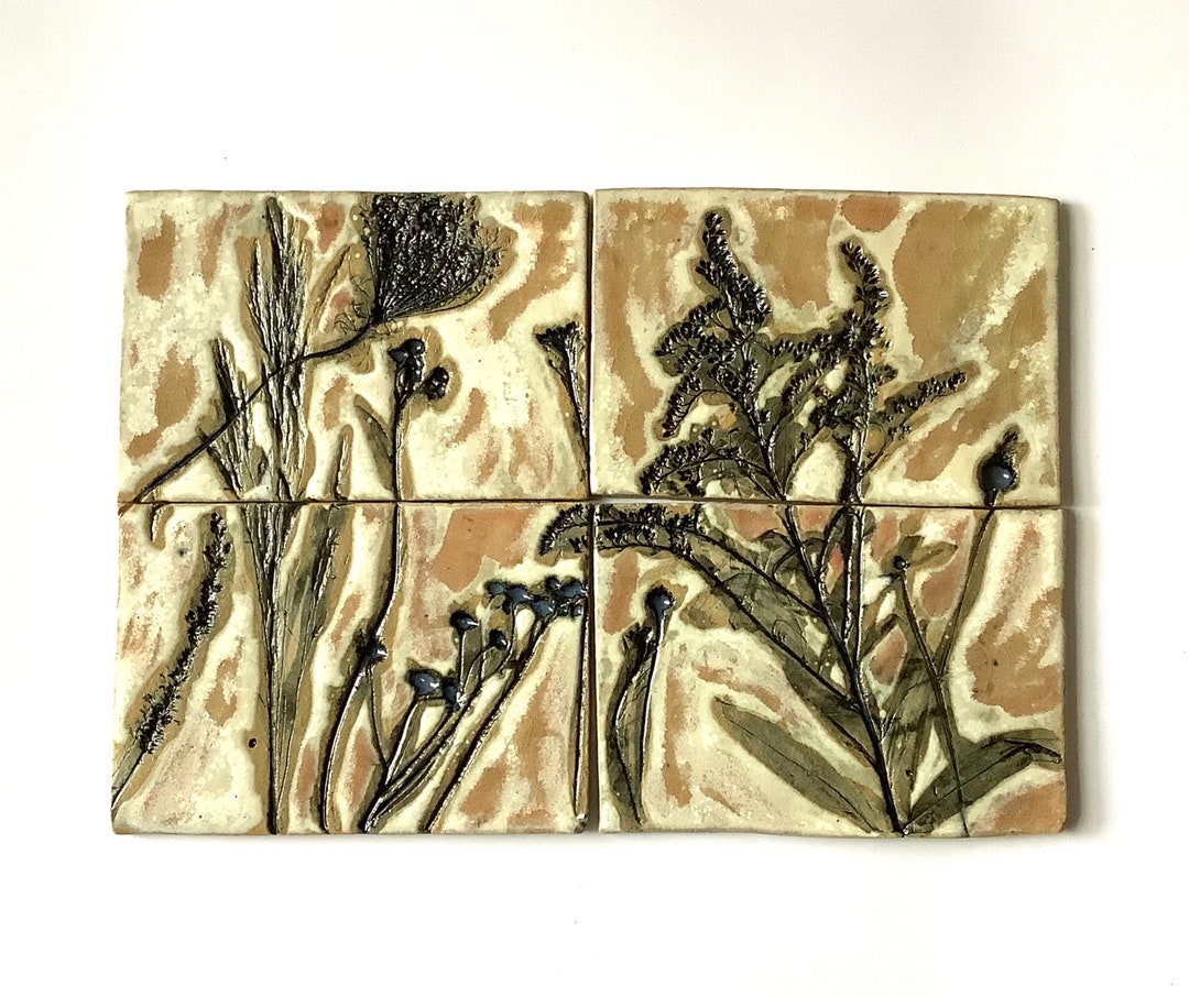 Tile Set handmade Ceramic Tiles Plant Motif Handpainted Etsy