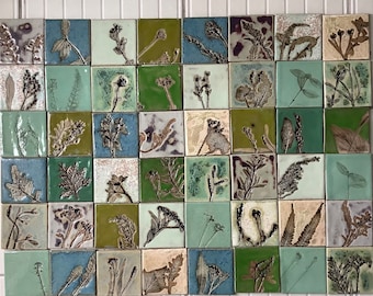 Tiles set "Secret Garden 48 pcs",handmade ceramic tiles,diffrent green,backsplash