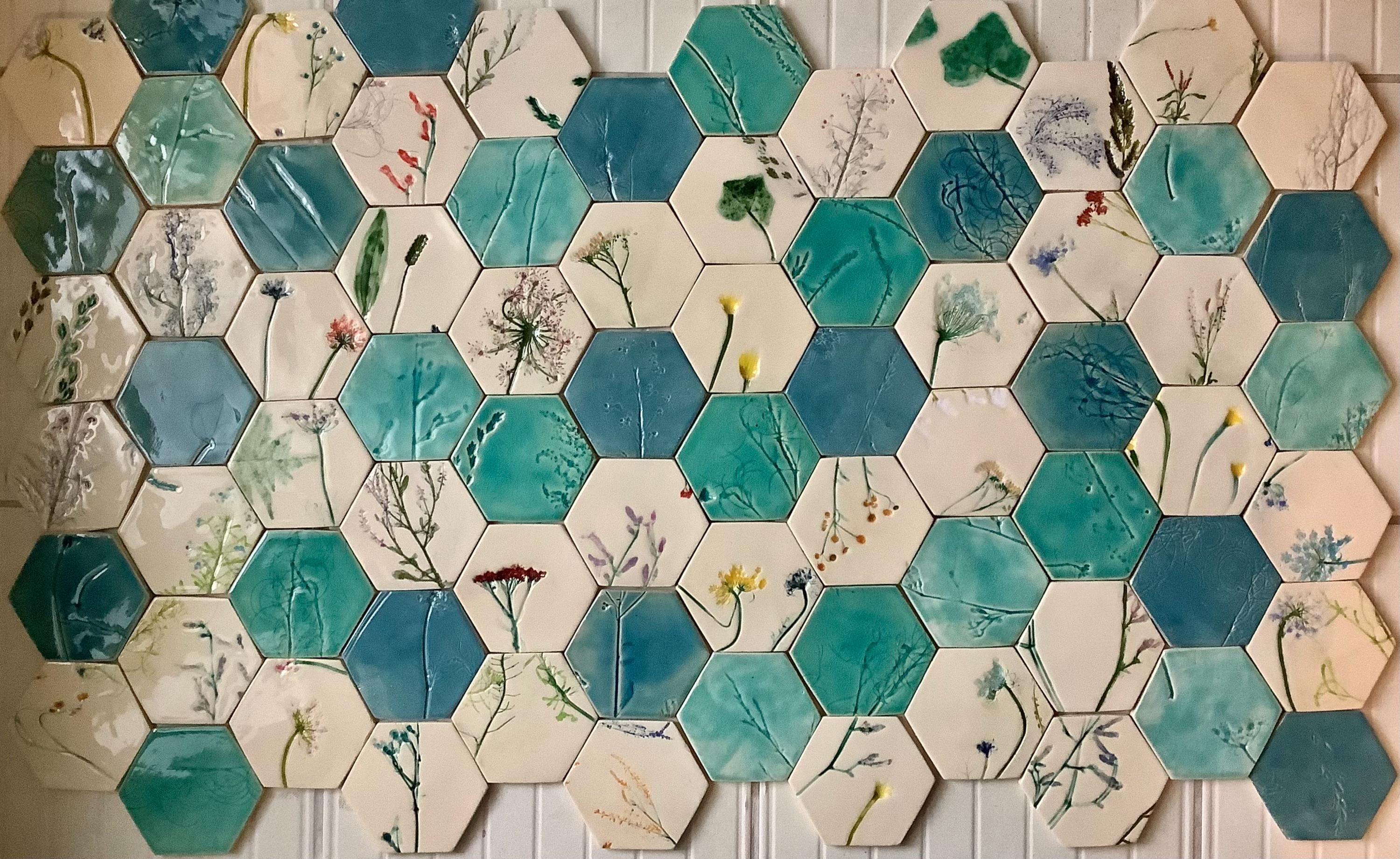 Hexagon Ceramic Tiles, Handmade Tiles, Wall Tiles, Handicraft Tiles For The Kitchen, Handmade Tiles, Bathroom Tilestiles With Plants