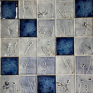 Tiles set &quot;HERBARIUM&quot;,handmade ceramic tiles,pale blue and deep blue color,handicraft handpainted tiles for bathroom,kitchen,backsplash