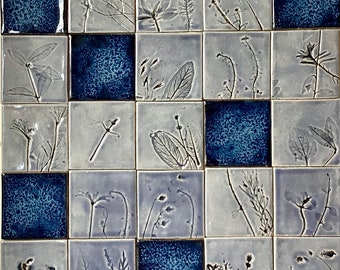 Tiles set "HERBARIUM",handmade ceramic tiles,pale blue and deep blue color,handicraft handpainted tiles for bathroom,kitchen,backsplash