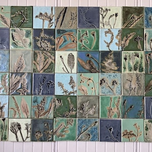 Tiles set &quot;Secret Garden VI&quot;,handmade ceramic tiles,diffrent green,backsplash