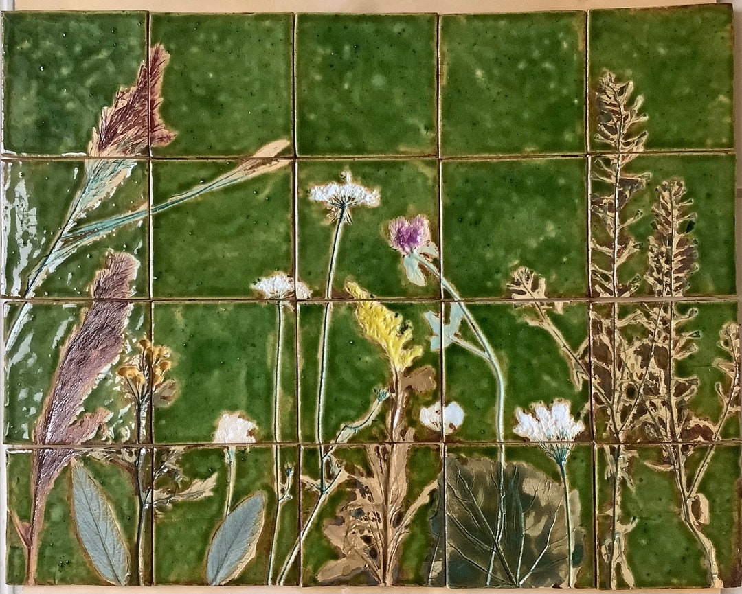 Tile Set summer, Handmade Ceramic Tiles, Plant Motif, Handpainted