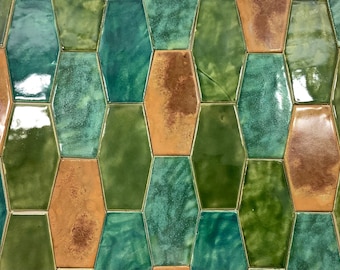 May include: A wall tiled with hexagonal shaped tiles in shades of green and brown. The tiles have a glossy finish.