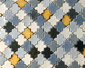 May include: A geometric tile pattern with a repeating design of four-pointed stars. The tiles are in shades of gray, white, and yellow.