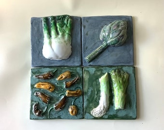 Handgemaakte keramische tegel uit de serie "Vegedecors" (muurkunst), wandtegels