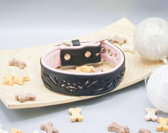 premium leather dog collar black / pink "pattern" No. 4