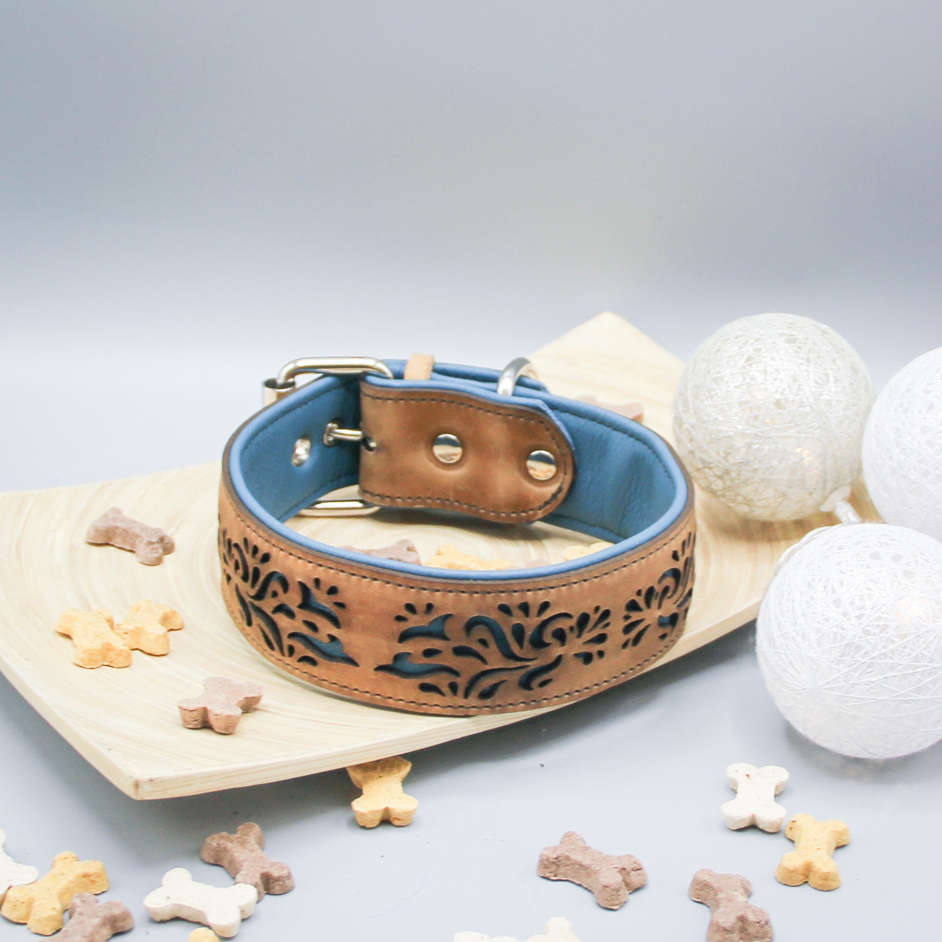 Collier de Chien en Cuir Première Qualité Brun et Bleu Modèle No 2 - Autres Options Couleur Disponib