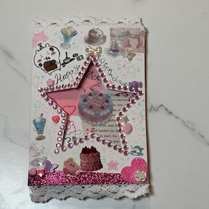 Handmade Fold-Out Star Birthday Card | Kawaii Scrapbook Style, Rhinestone Embellished