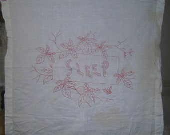 VINTAGE LINENS - Vintage German Red Work – Sleep  - Pillow Cover/Wall Hanging -  Early 1900's