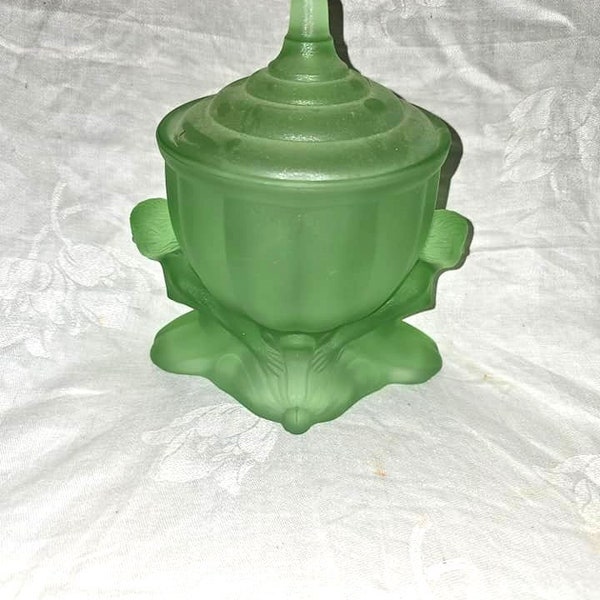 DEPRESSION GLASS – 1930's – LArt Deco – Green Satin Glass – Dolly Sisters – Powder Jar