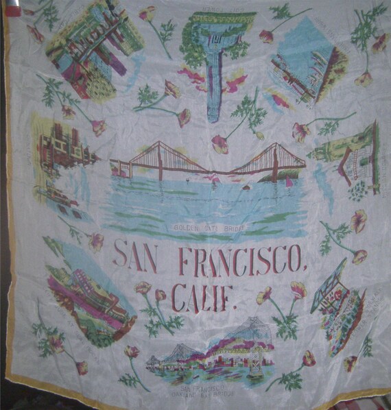 VINTAGE LINENS -San Francisco Souvenir Silk Scarf
