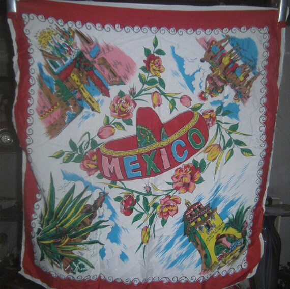 VINTAGE LINENS -Silk Scarf - Mexico Souvenir - 195