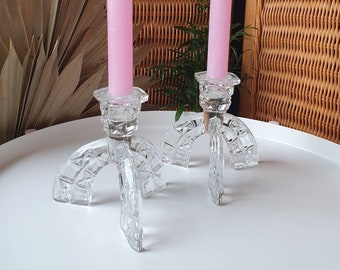 Pair of vintage 1970s cut glass candlestick holders