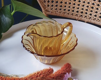 Vintage Midcentury Yellow Amber Pressed Glass Bowl & Jug Set Breakfast Afternoon Tea