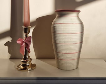 Vintage Mid-Century Studio Pottery Ceramic White Vase Pink Stripes Ribbed Textured