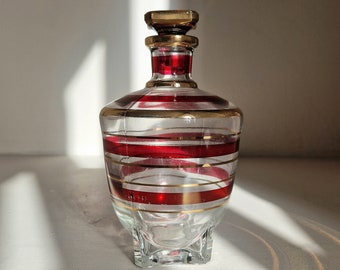 Vintage Mid-Century Stripey Red Gold Pressed Glass Decanter Bottle