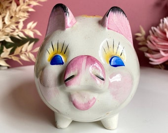 Vintage Ceramic Hand painted Smash Piggy Bank Kitsch Pig Money Box