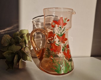 Vintage Mid-Century Pink Glass Jug Pitcher Vase with Hand Painted Floral Design