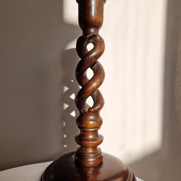 Vintage Mid-Century Dark Wood Open Barley Twisted Candle Stick Holder