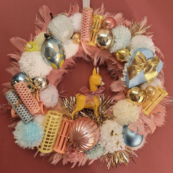 Handmade Kitsch Pom Pom Christmas Wreath with Pink Feathers Vintage Silk and Glass Baubles Babycham Deer