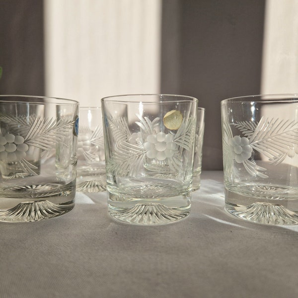 Set of 6 Mid-Century Whiskey Tumbler Glasses with Decorative Acid Etched Flowers