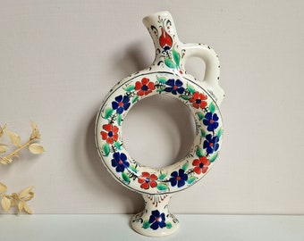 Decorative Vintage Ceramic White Turkish Hittie Pitcher Jug Bottle Vessel Vase Blue Red Flowers Diker
