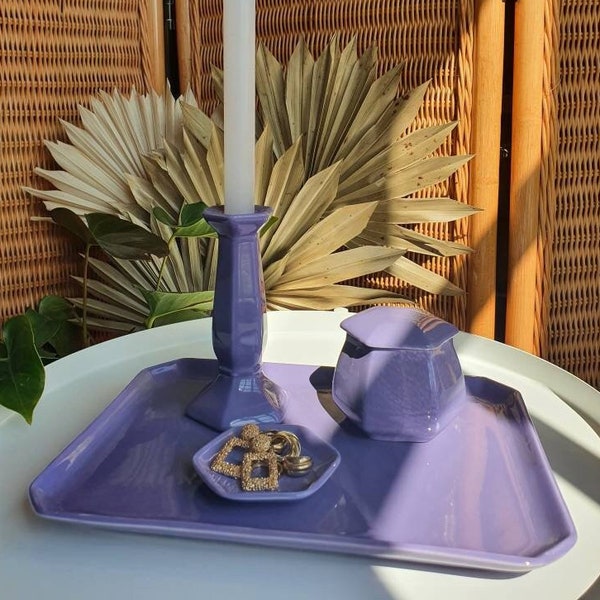 Vintage 1980s Ceramic pottery purple vanity set jewellery tray trinket dish candle holder