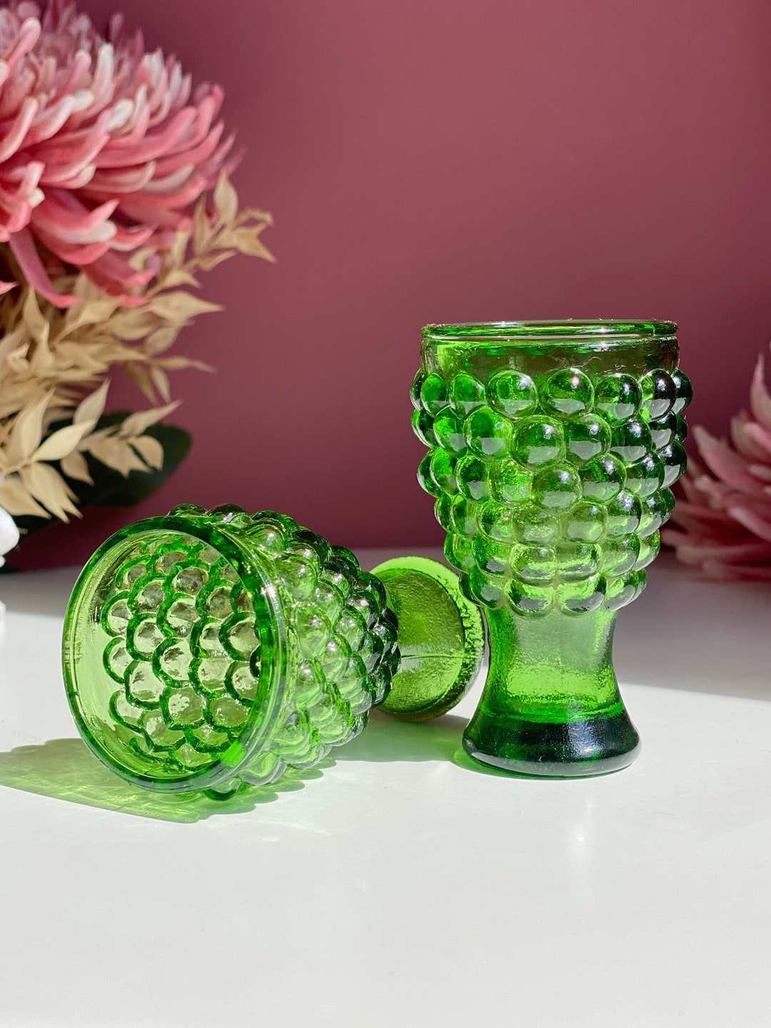 Pair of Midcentury Textured Green Glass Egg Cups Etsy