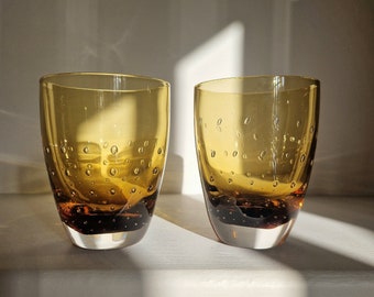 Pair of Italian Murano Mid-Century Amber Yellow Drinks Glasses Tumblers Bubble Pattern Design