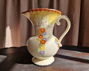 Antique 1920s Hand Painted Art Nouveau Ceramic Jug Vase in Cream