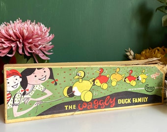 Vintage Boxed 1950's Rare Collectible Waggly Duck Family Children's Pull AlongToy