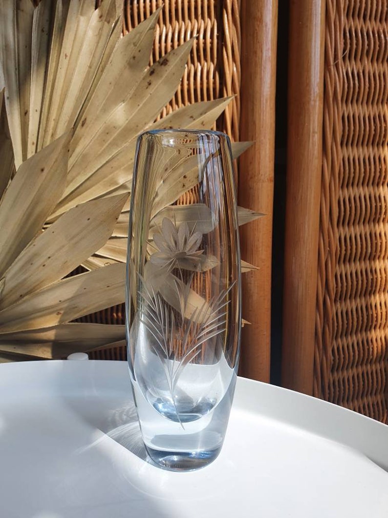 Vintage heavy etched crystal glass floral vase image 3