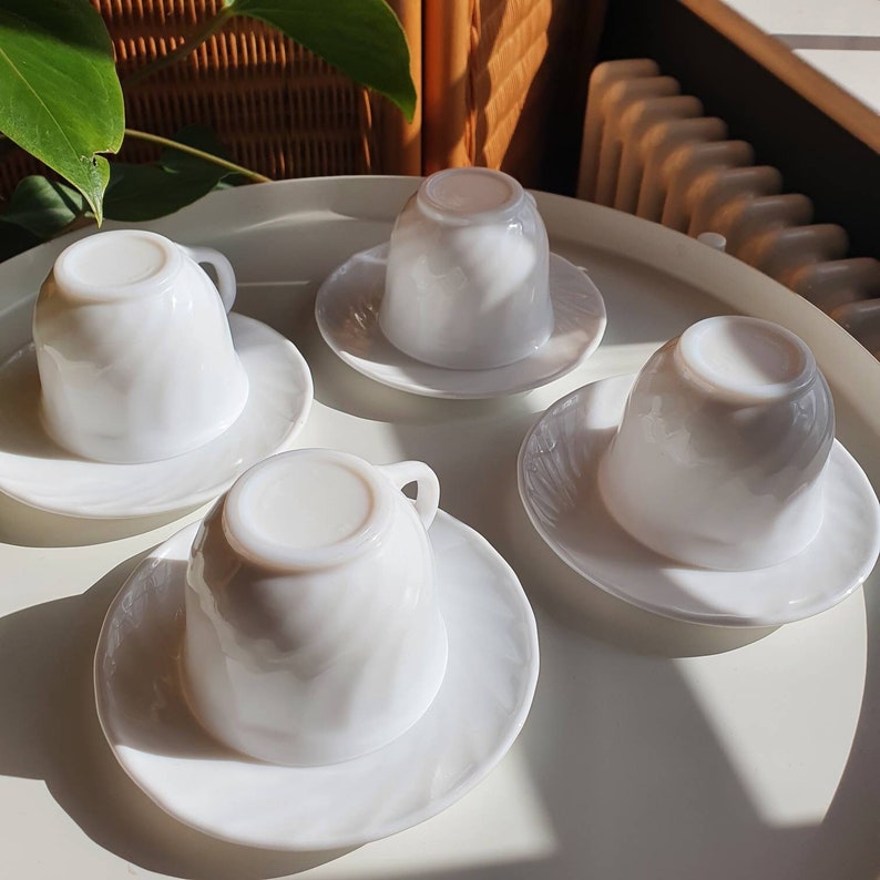 Set of 4 Vintage Midcentury Arcopal Milk Glass Tea Cups & Saucers image 1